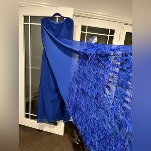 Long blue Modest Feathered cape Evening Gown NEW!